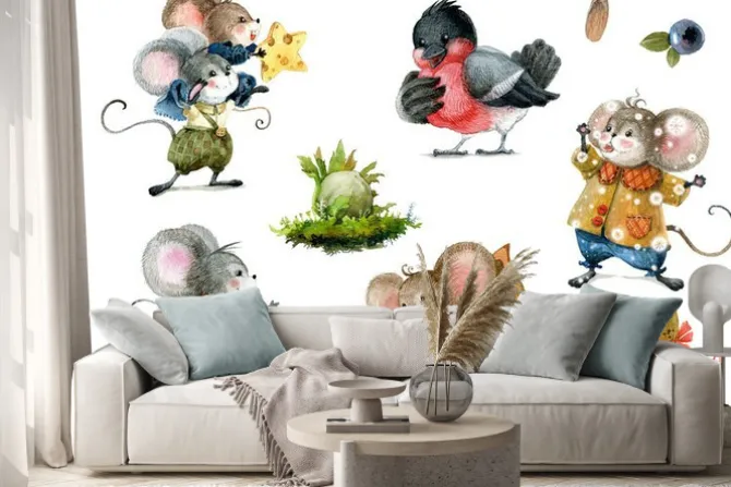 Naklejka: Set of cute christmas mice in cartoon style. watercolor christmas