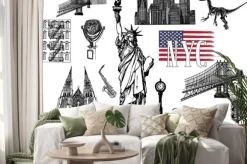 Naklejka: Set of hand drawn sketch style new york themed isolated objects.