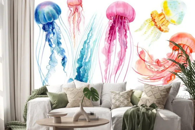 Naklejka: Set of jellyfish on an isolated white background, watercolor