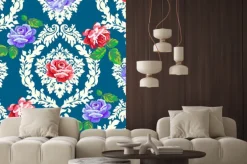 Naklejka: Shabby chic róży adamaszku. wektor bez szwu rocznika tle kwiatów