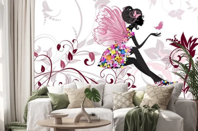 Naklejka: Siedząca wróżka z motylem w dłoni