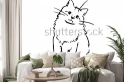 Naklejka: Siedzący kotek. szkic wektor czarno-biały. prosty rysunek na