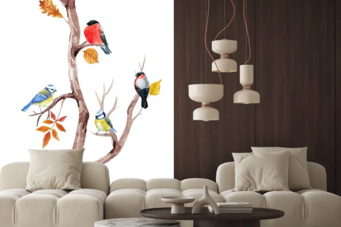 Naklejka: Sikorki i gile na drzewie w stylu akwarelowym