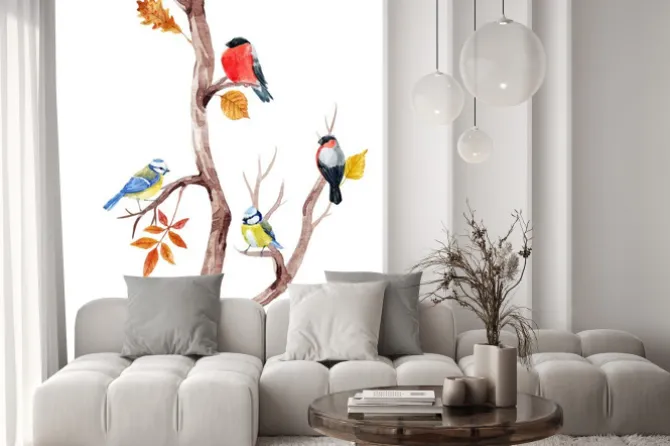 Naklejka: Sikorki i gile na drzewie w stylu akwarelowym