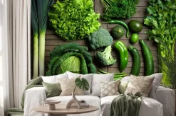 Naklejka: Skład de légumes uniquement verts sur une table en bois