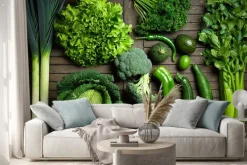 Naklejka: Skład de légumes uniquement verts sur une table en bois