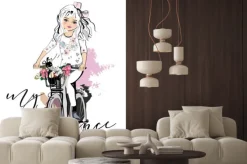 Naklejka: Sketch of a cute fashion girl with a dog riding the bicycle.