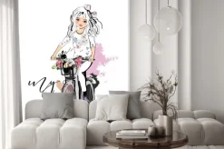 Naklejka: Sketch of a cute fashion girl with a dog riding the bicycle.