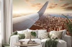 Naklejka: Skrzydło samolotu i panorama nowego jorku