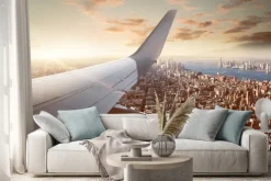 Naklejka: Skrzydło samolotu i panorama nowego jorku