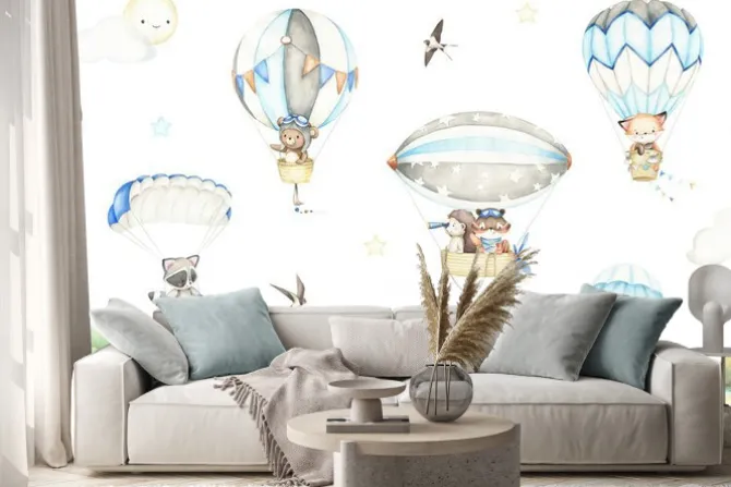 Naklejka: Skydiving, airship illustration. cute little wild animals flying