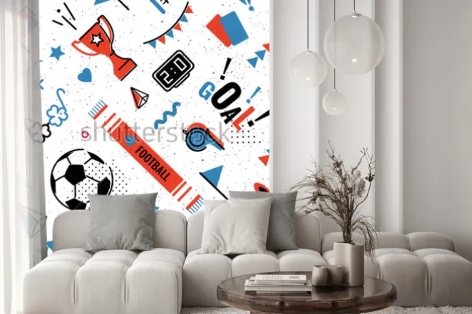 Naklejka: Soccer/football abstract background in 80s memphis style. seamless