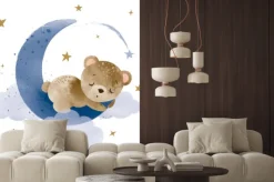 Naklejka: Słodki brązowy miś śpiący na księżycu bajkowa ilustracja