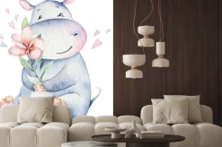 Naklejka: Słodki hipopotam z kwiatem