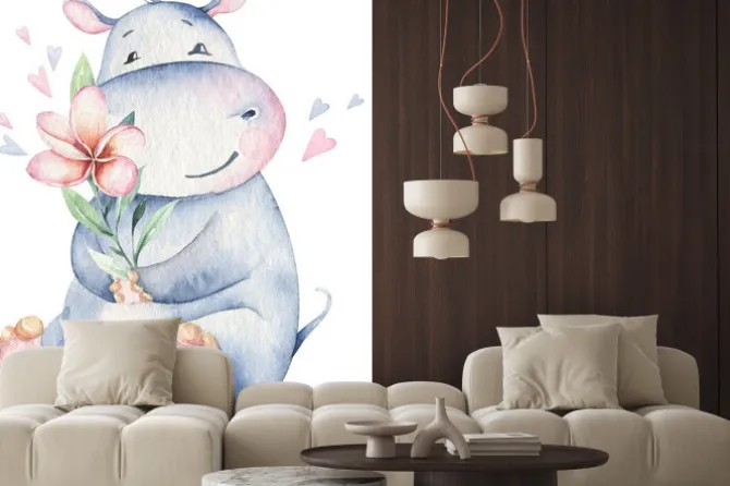 Naklejka: Słodki hipopotam z kwiatem