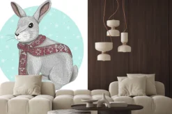 Naklejka: Słodkie królik z szalikiem tle zimowego