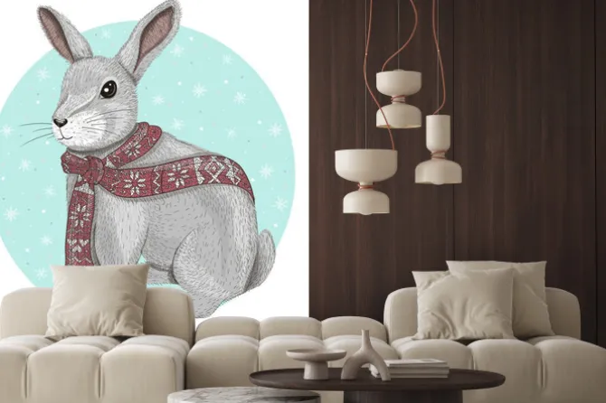 Naklejka: Słodkie królik z szalikiem tle zimowego