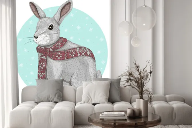 Naklejka: Słodkie królik z szalikiem tle zimowego