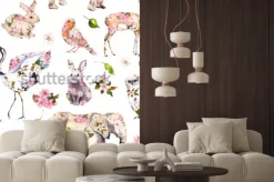 Naklejka: Słodkie zwierzęta w różowe wiosenne kwiaty. kwiatowy wzór. kobieca,