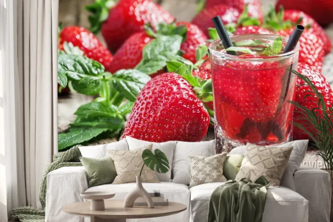 Naklejka: Sok z truskawek i świeże owoce z miętą, selektywnym focus