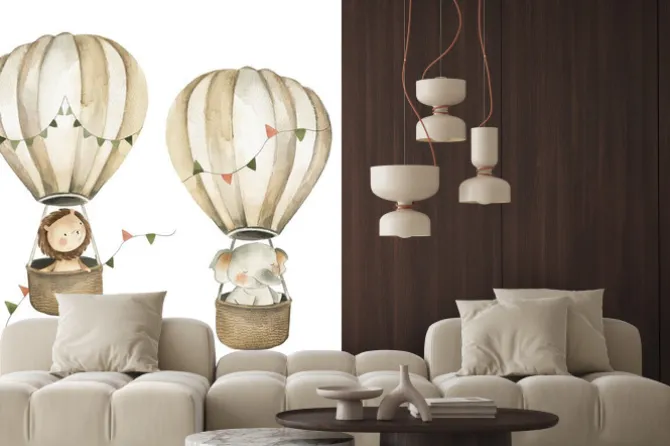 Naklejka: Słonik i lew lecące balonami dziecięca ilustracja