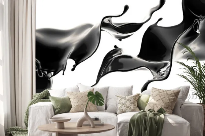 Naklejka: Splash czarnej cieczy. ilustracja 3d, renderowania 3d.