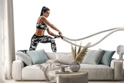 Naklejka: Sportowy kobieta trening z ciężkimi arkanami. fotografia sporty