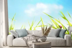 Naklejka: Spring summer background with fresh green tall grass in wind