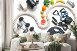 Naklejka: Sprzęt sportowy i zdrowe odżywianie na białym tle. widok z góry.