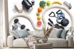 Naklejka: Sprzęt sportowy i zdrowe odżywianie na białym tle. widok z góry.