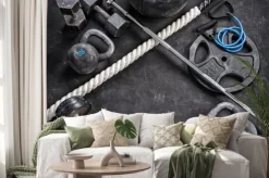 Naklejka: Sprzęt sportowy na czarnym tle. widok z góry. motywacja