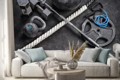 Naklejka: Sprzęt sportowy na czarnym tle. widok z góry. motywacja