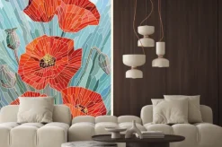 Naklejka: Stained glass flowers poppies on a gray turquoise background.
