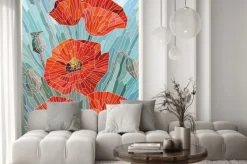 Naklejka: Stained glass flowers poppies on a gray turquoise background.