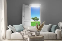 Naklejka: Stanza porta aperta campo su albero