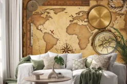 Naklejka: Stara mapa i przyrządy pomiarowe do nawigacji vintage