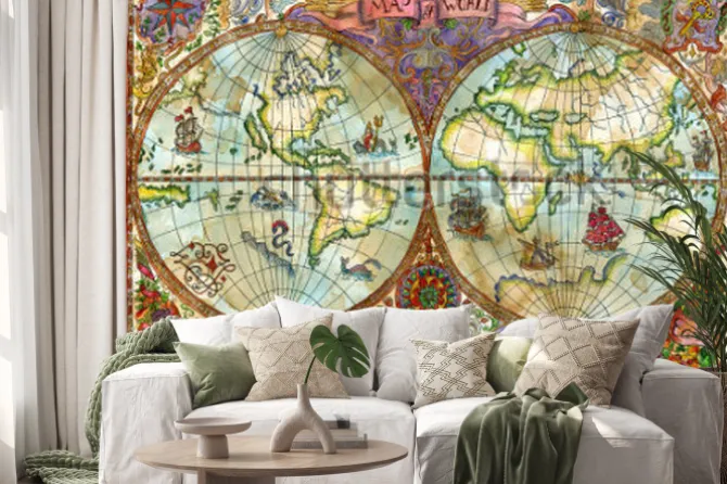 Naklejka: Stara mapa świata z ilustracjami