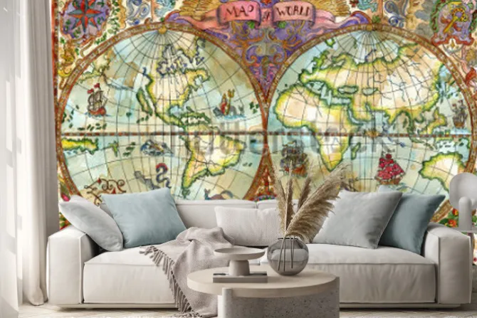 Naklejka: Stara mapa świata z ilustracjami