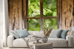 Naklejka: Stare drewniane ramy okienne, wiosna, kwitnące drzewa.