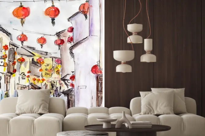 Naklejka: Stare miasto ulicy w chinach, tradycyjny chiński czerwone latarnie