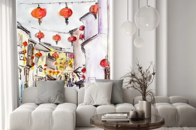 Naklejka: Stare miasto ulicy w chinach, tradycyjny chiński czerwone latarnie