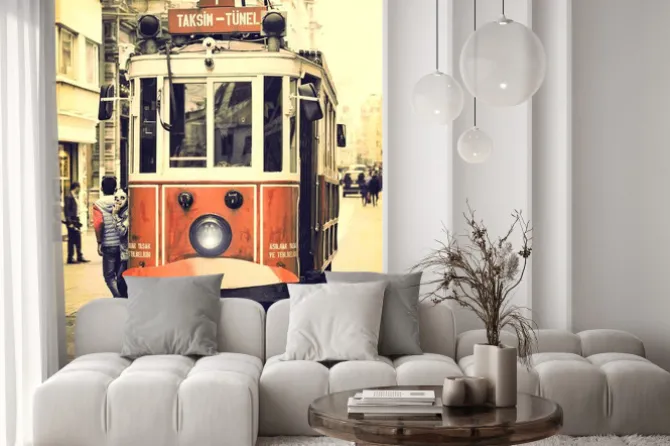 Naklejka: Stary tramwaj na ulicy istiklal w stambule.