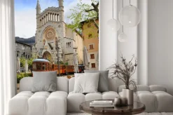 Naklejka: Stary tramwaj w przedniej części katedry w soller, majorka, hiszpania