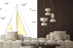 Naklejka: Statek z żaglami i mewy wykonane w wektorze