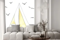 Naklejka: Statek z żaglami i mewy wykonane w wektorze