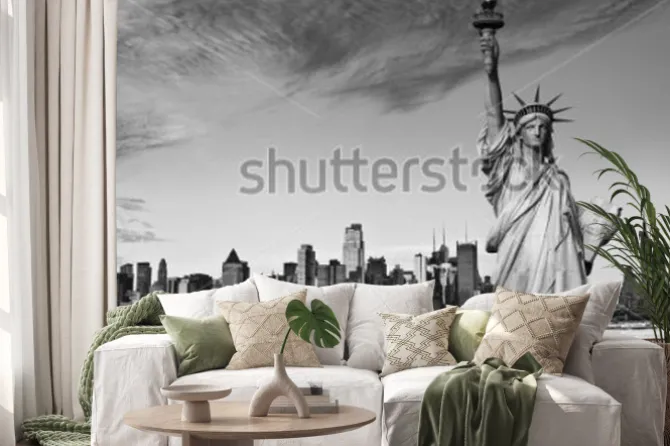 Naklejka: Statua wolności z wieżowcami nowego jorku w tle