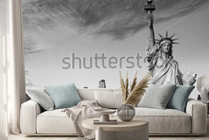 Naklejka: Statua wolności z wieżowcami nowego jorku w tle