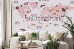 Naklejka: Stonowana mapa świata z ilustracjami zwierząt