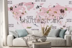 Naklejka: Stonowana mapa świata z ilustracjami zwierząt