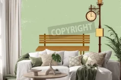 Naklejka: Street clock and lamp post with park bench in vintage vector